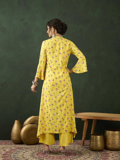 Yellow Lotus Print Co Ord Set with Jacket