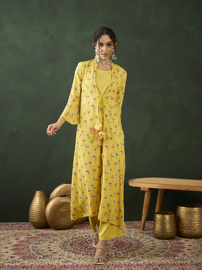 Yellow Lotus Print Co Ord Set with Jacket