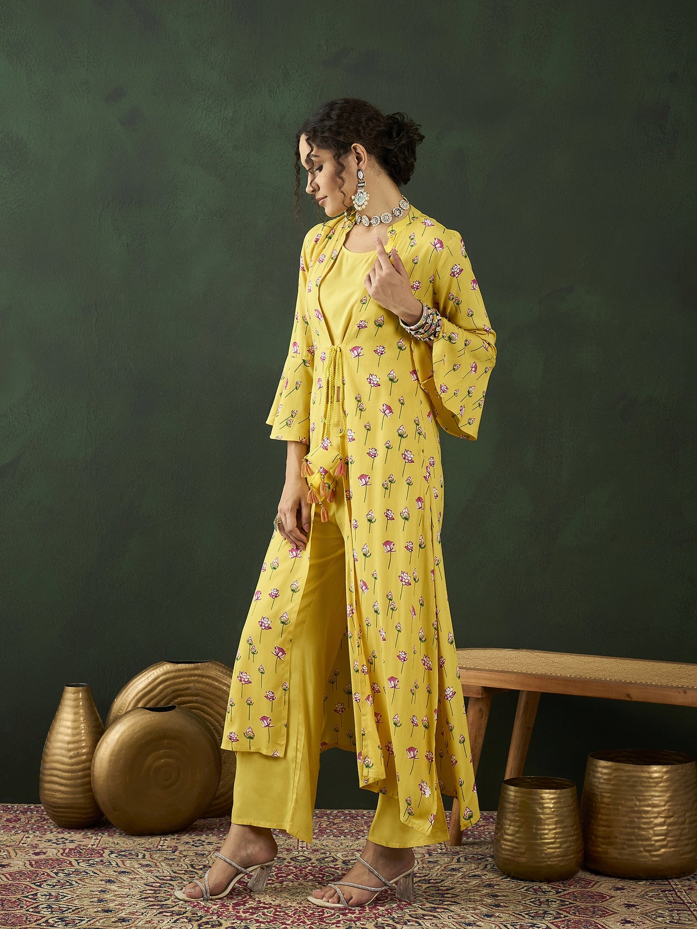 Yellow Lotus Print Co Ord Set with Jacket