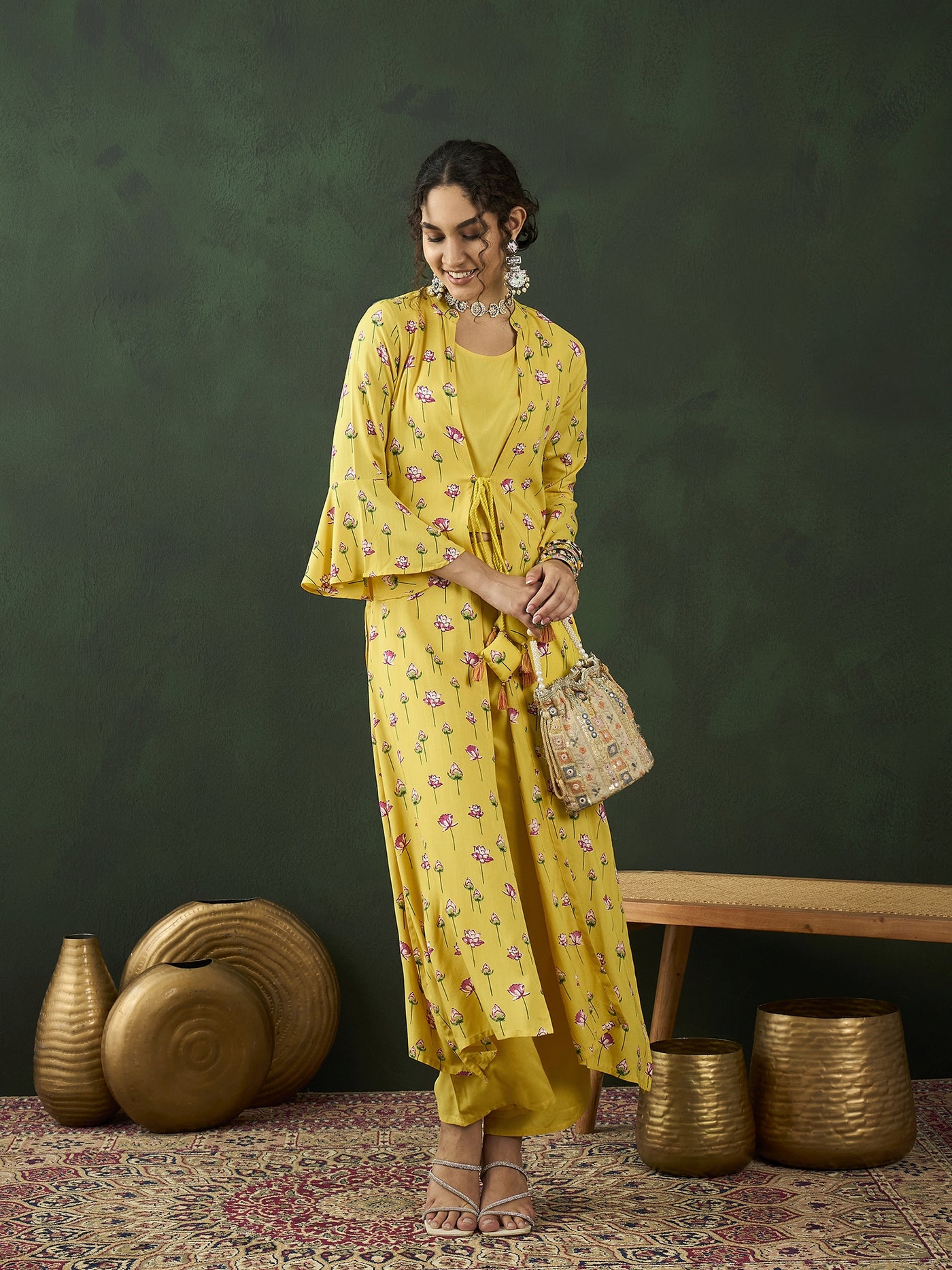 Yellow Lotus Print Co Ord Set with Jacket