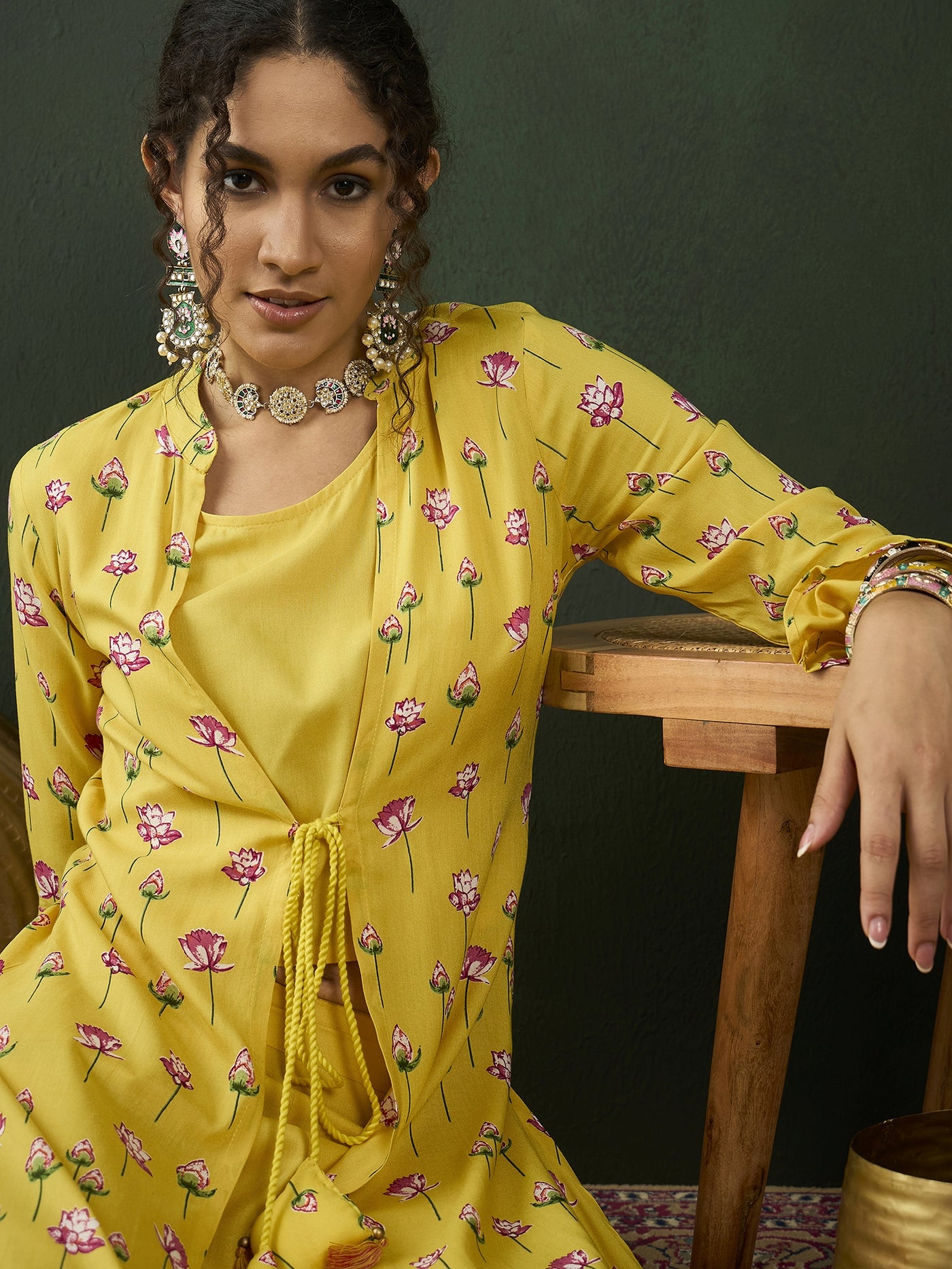 Yellow Lotus Print Co Ord Set with Jacket