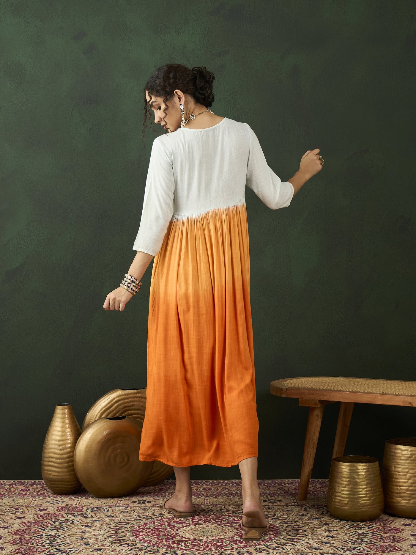 Orange & White Pleated Dress With Embroidered Yoke