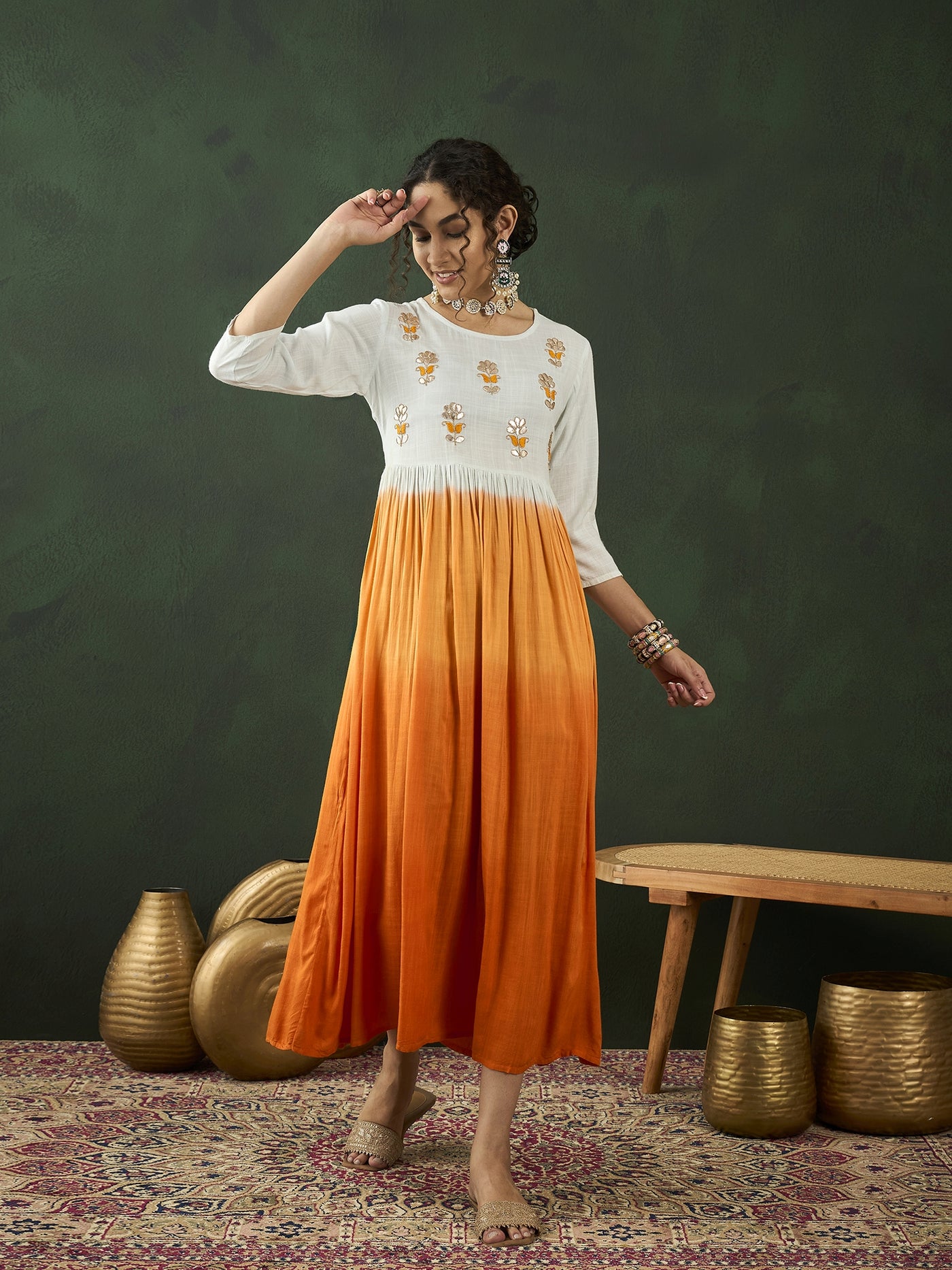 Orange & White Pleated Dress With Embroidered Yoke