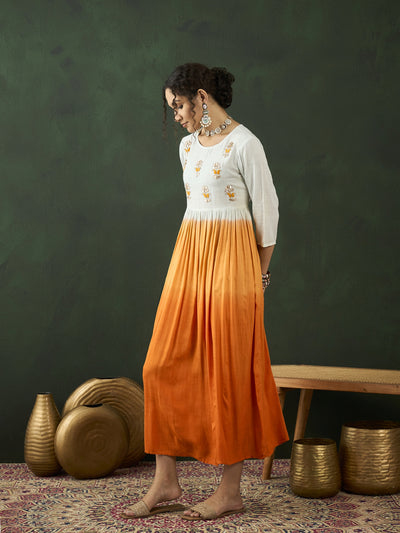 Orange & White Pleated Dress With Embroidered Yoke