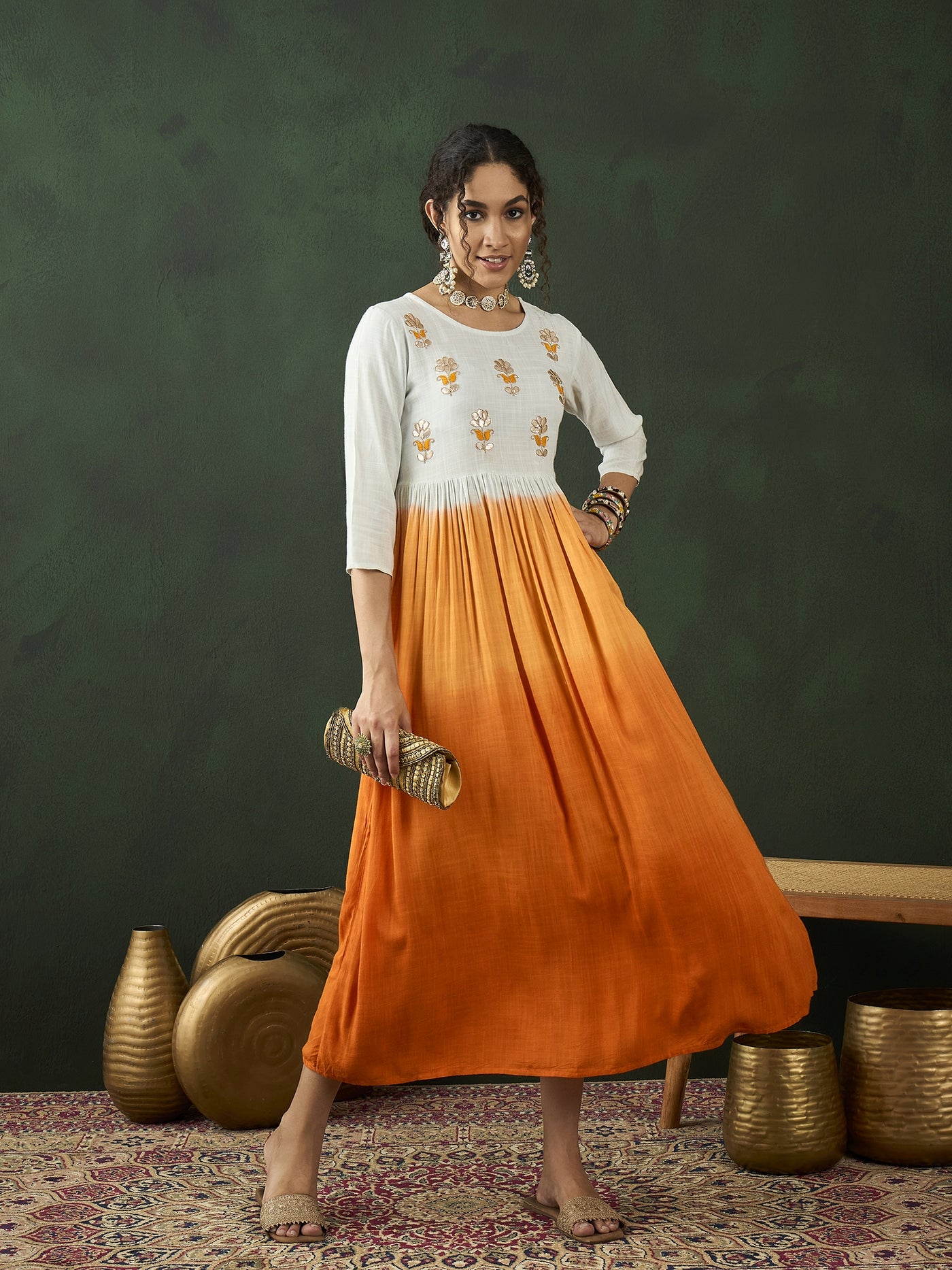 Orange & White Pleated Dress With Embroidered Yoke