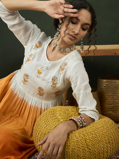 Orange & White Pleated Dress With Embroidered Yoke