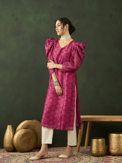 Magenta Printed Straight Kurta