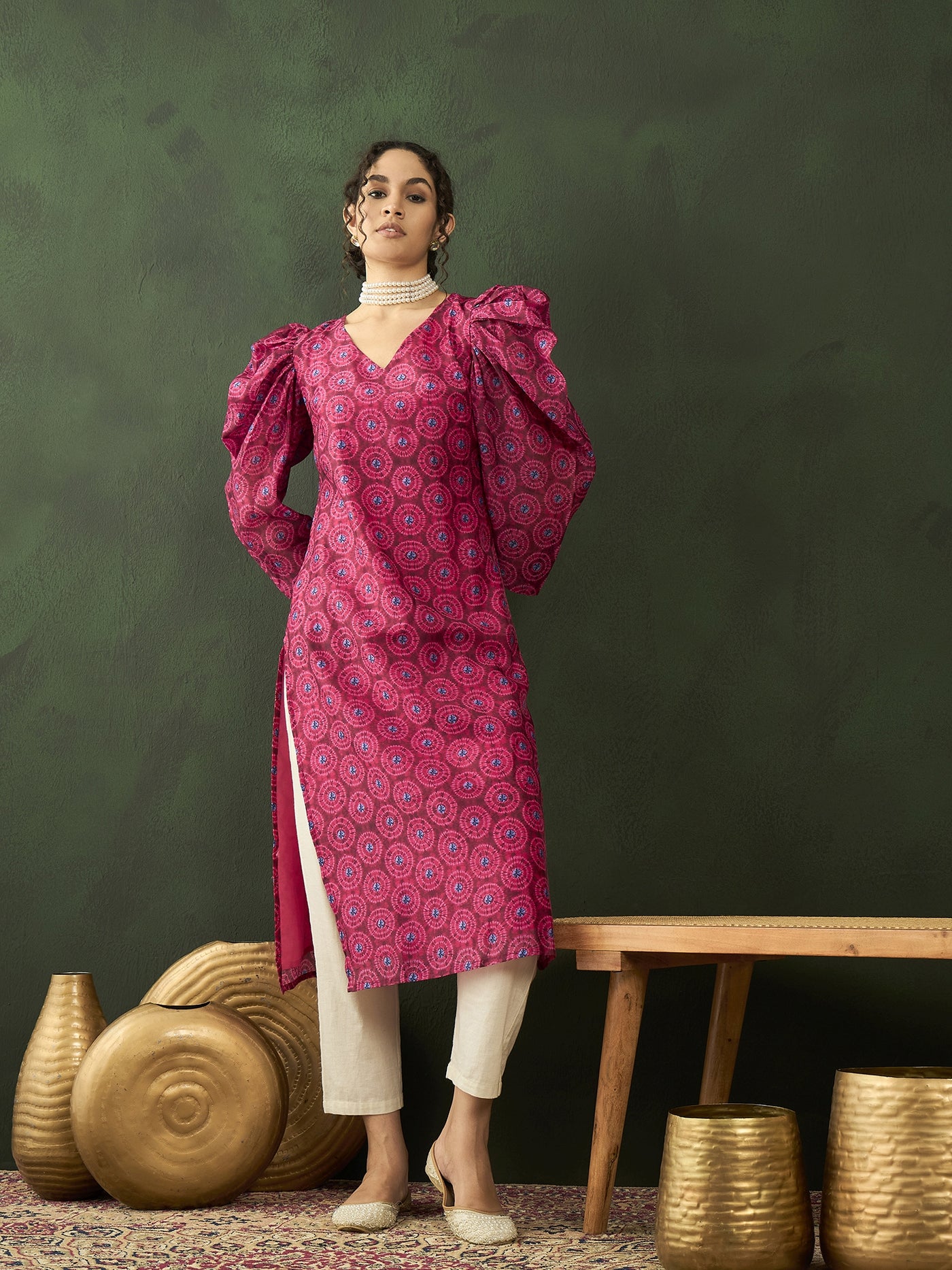 Magenta Printed Straight Kurta