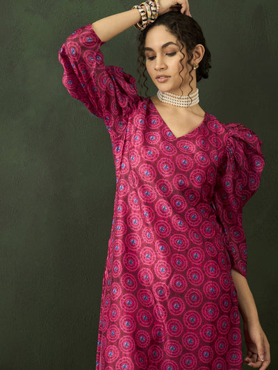 Magenta Printed Straight Kurta