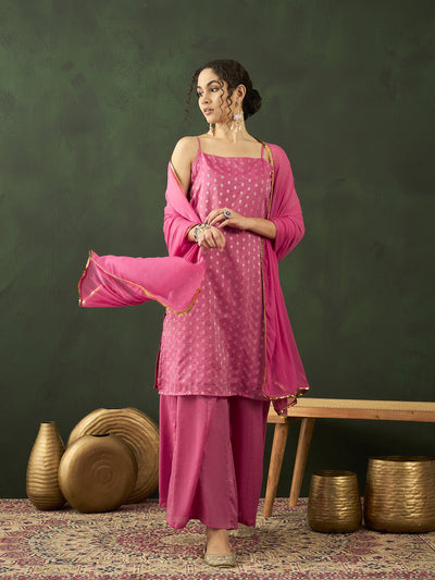 Pink Gold Zari Work Woven Design Kurta Palazzo With Dupatta