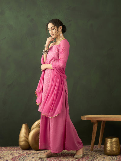 Pink Gold Zari Work Woven Design Kurta Palazzo With Dupatta