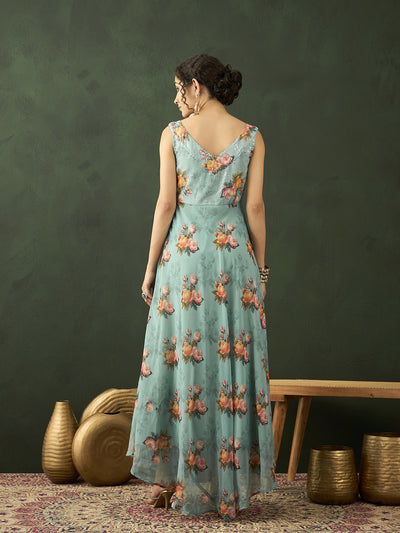 Green Floral Print V-Neck Gown Dress