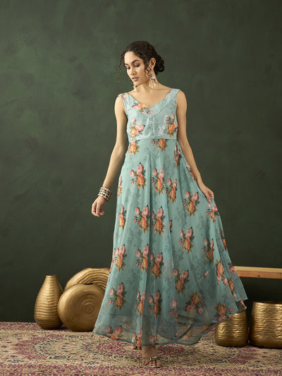 Green Floral Print V-Neck Gown Dress