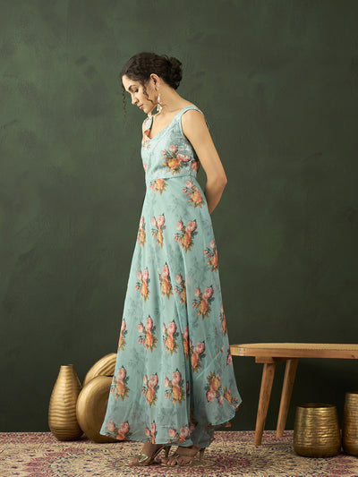 Green Floral Print V-Neck Gown Dress