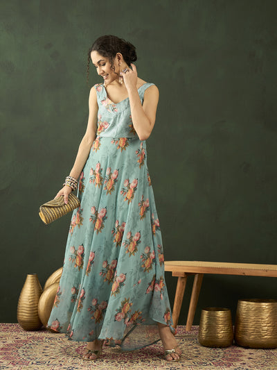 Green Floral Print V-Neck Gown Dress