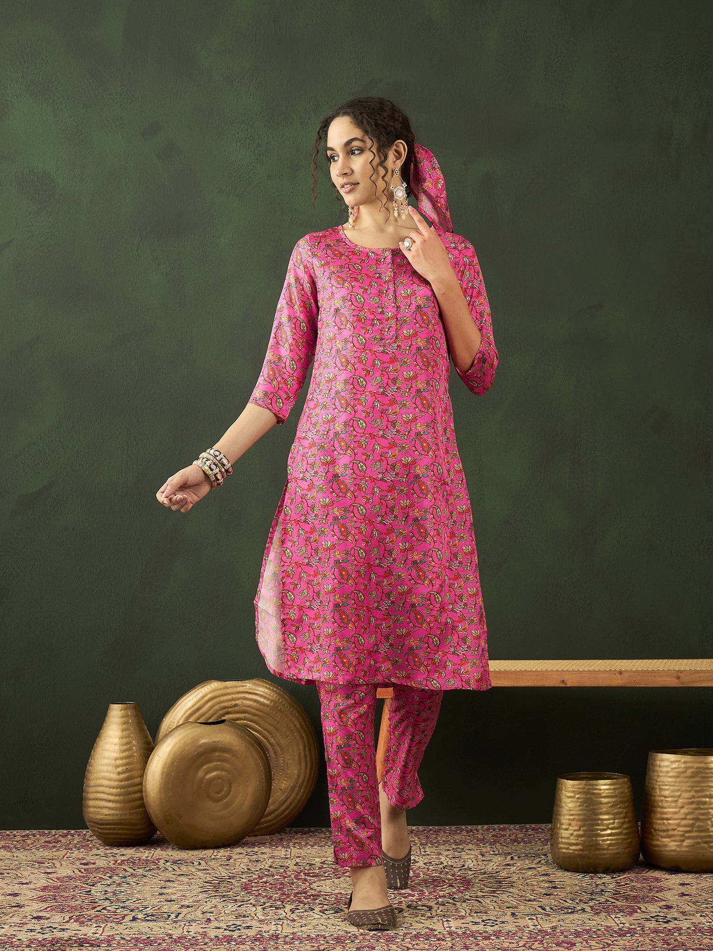 Pink Digital Floral Print Kurta With Pant