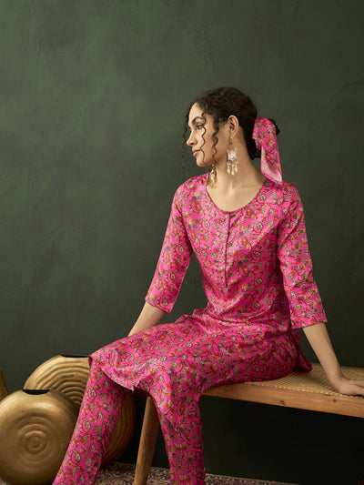 Pink Digital Floral Print Kurta With Pant