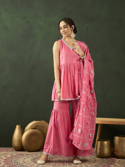 Pink Sequin Kurta Sharara With Dupatta