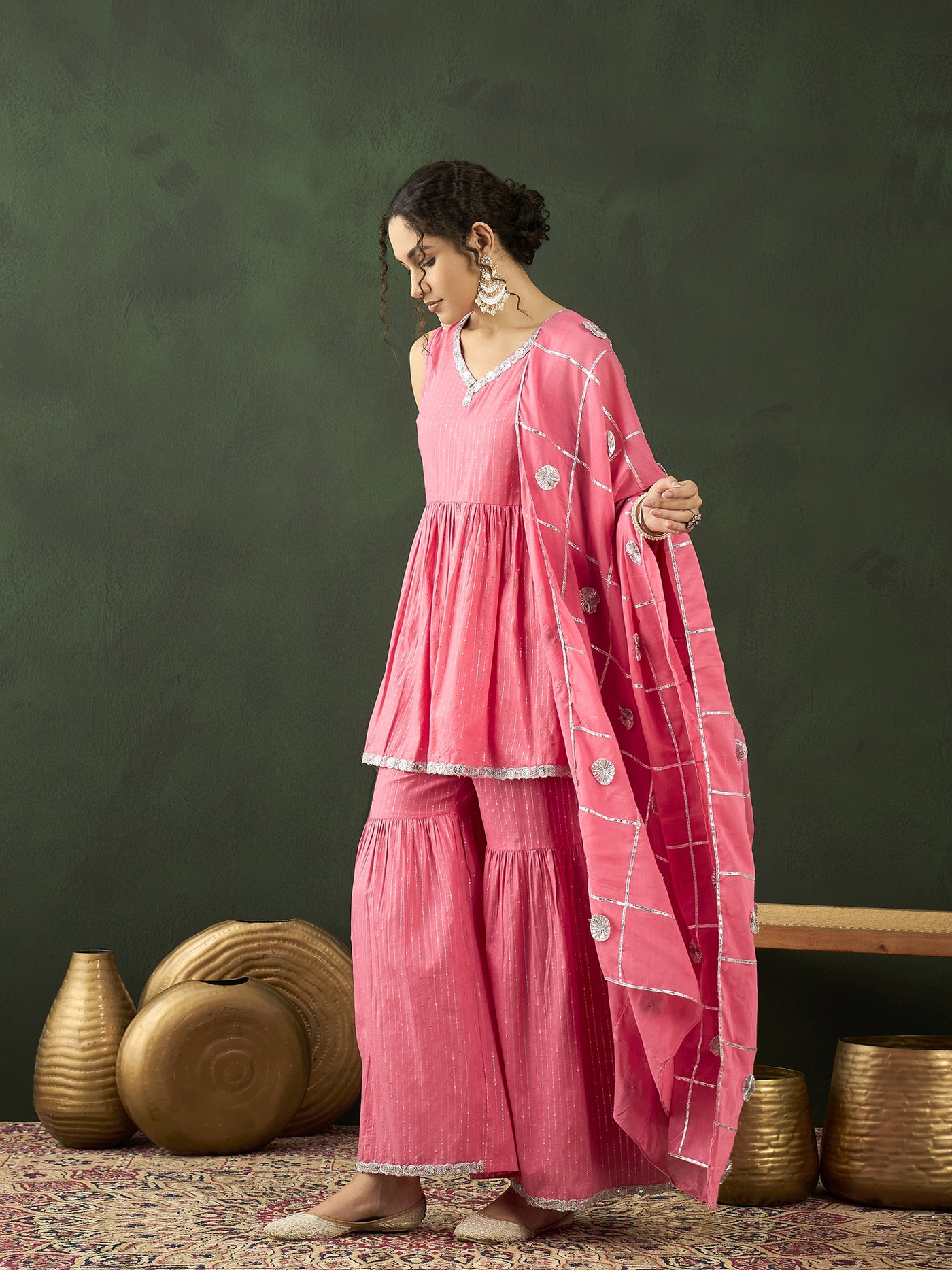 Pink Sequin Kurta Sharara With Dupatta