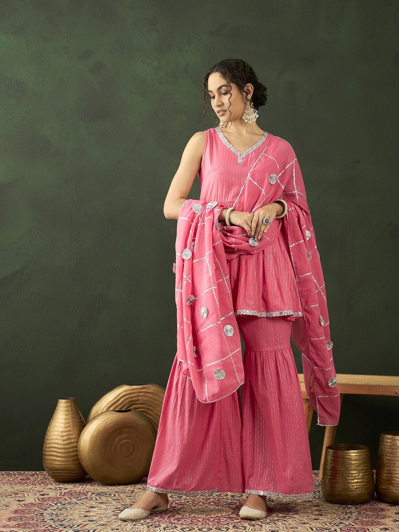 Pink Sequin Kurta Sharara With Dupatta