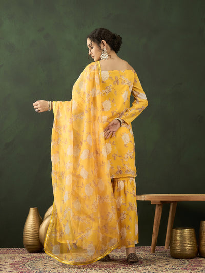 Yellow Floral Print Kurta Sharara With Dupatta