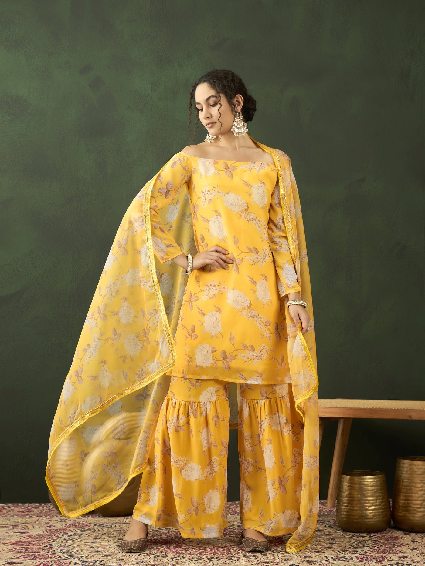 Yellow Floral Print Kurta Sharara With Dupatta