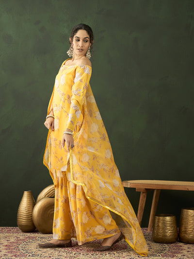 Yellow Floral Print Kurta Sharara With Dupatta