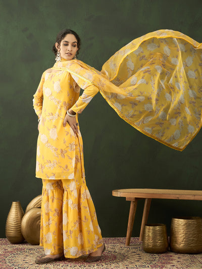 Yellow Floral Print Kurta Sharara With Dupatta