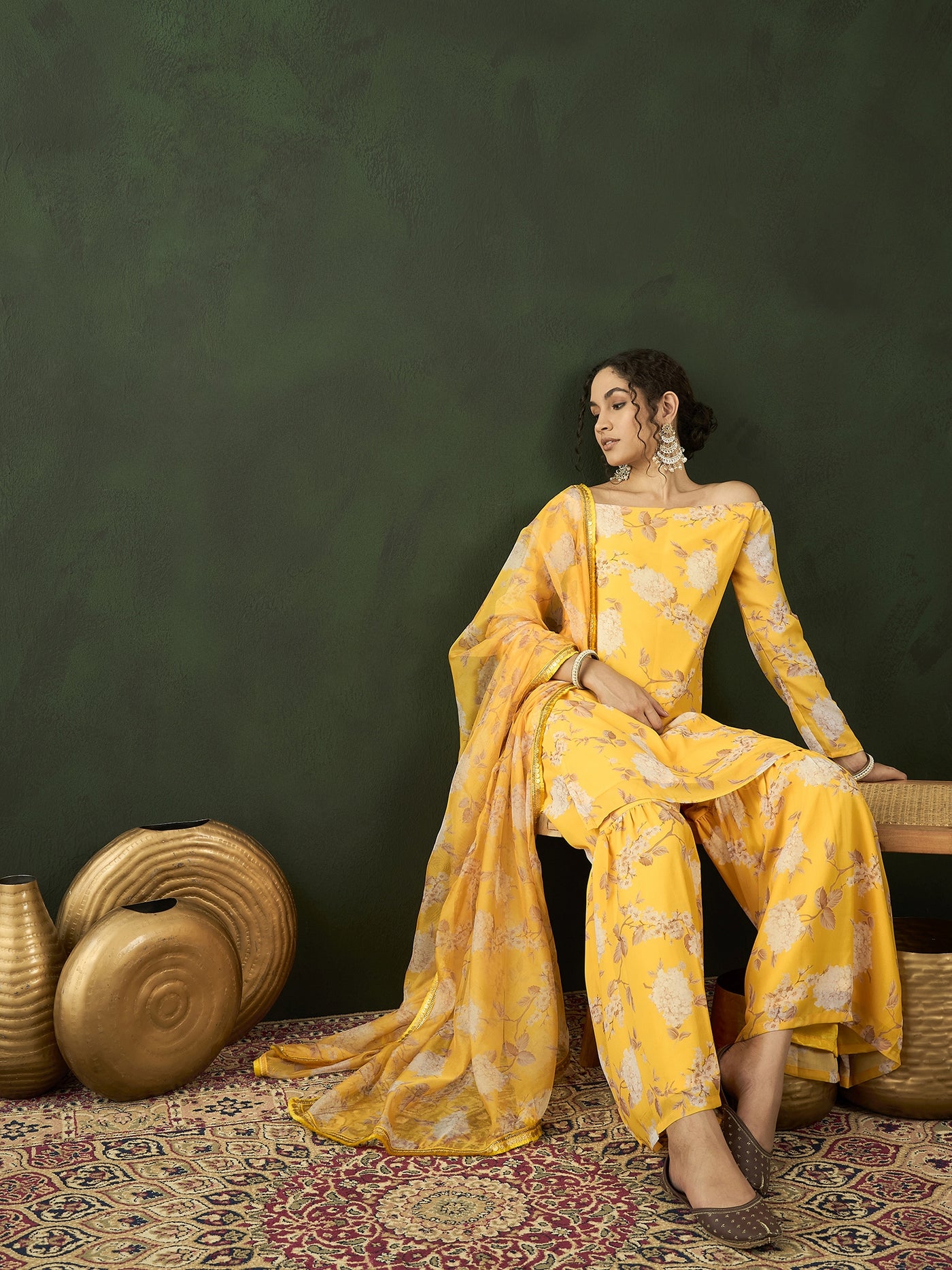 Yellow Floral Print Kurta Sharara With Dupatta