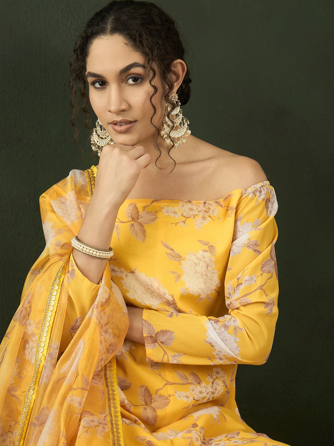 Yellow Floral Print Kurta Sharara With Dupatta