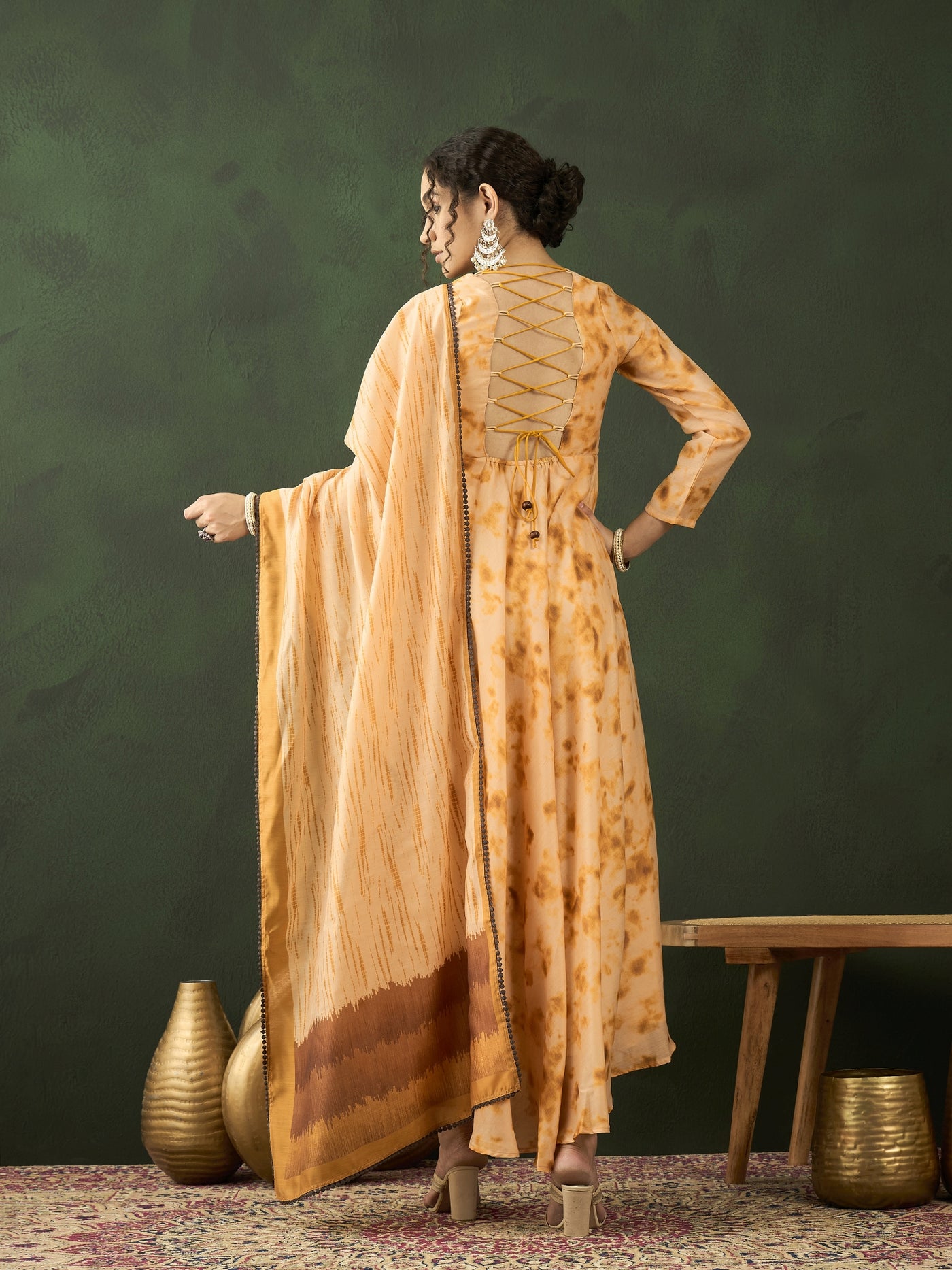 Cream Tie & Dye backless Maxi Dress With Dupatta