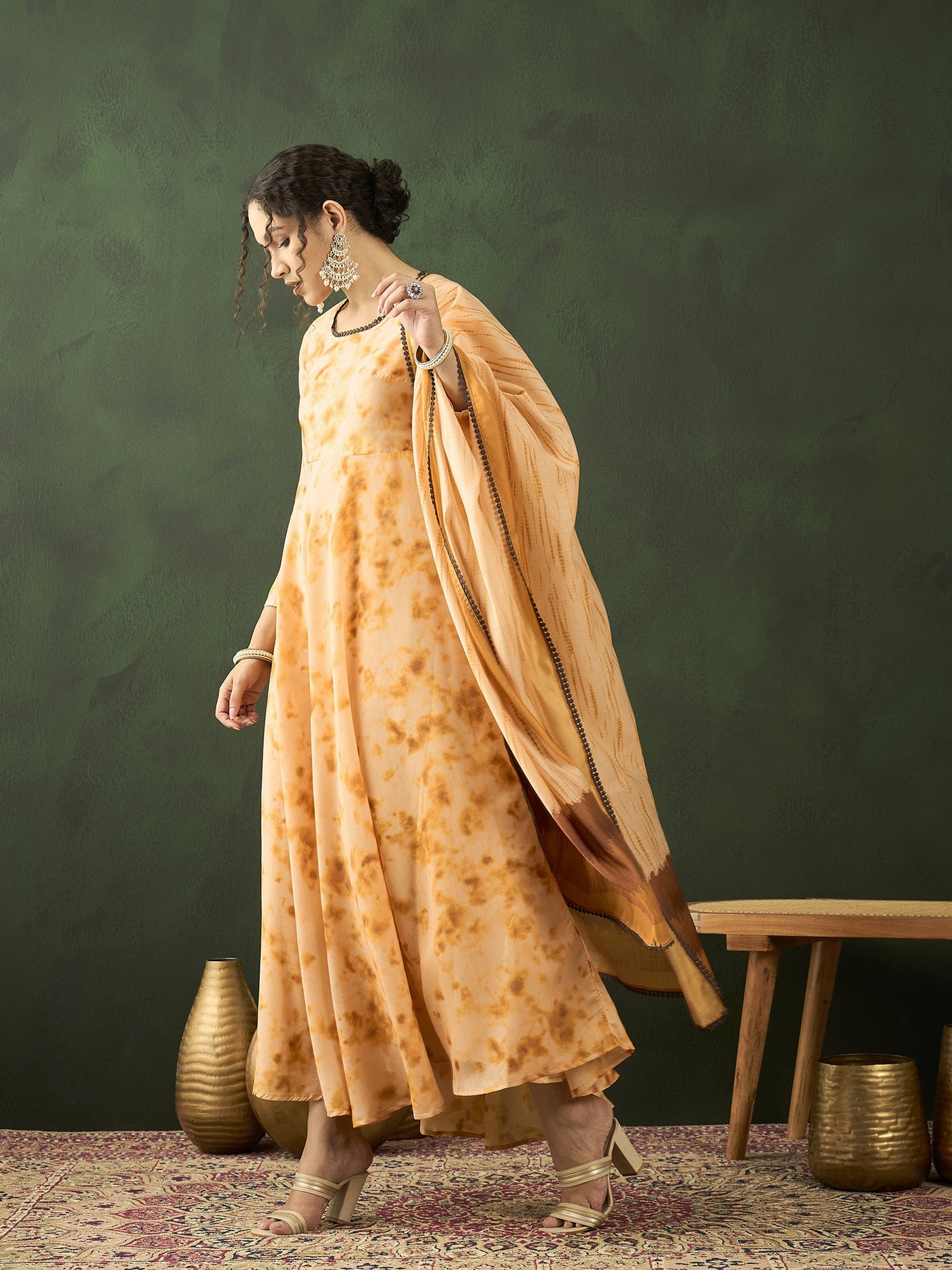 Cream Tie & Dye backless Maxi Dress With Dupatta