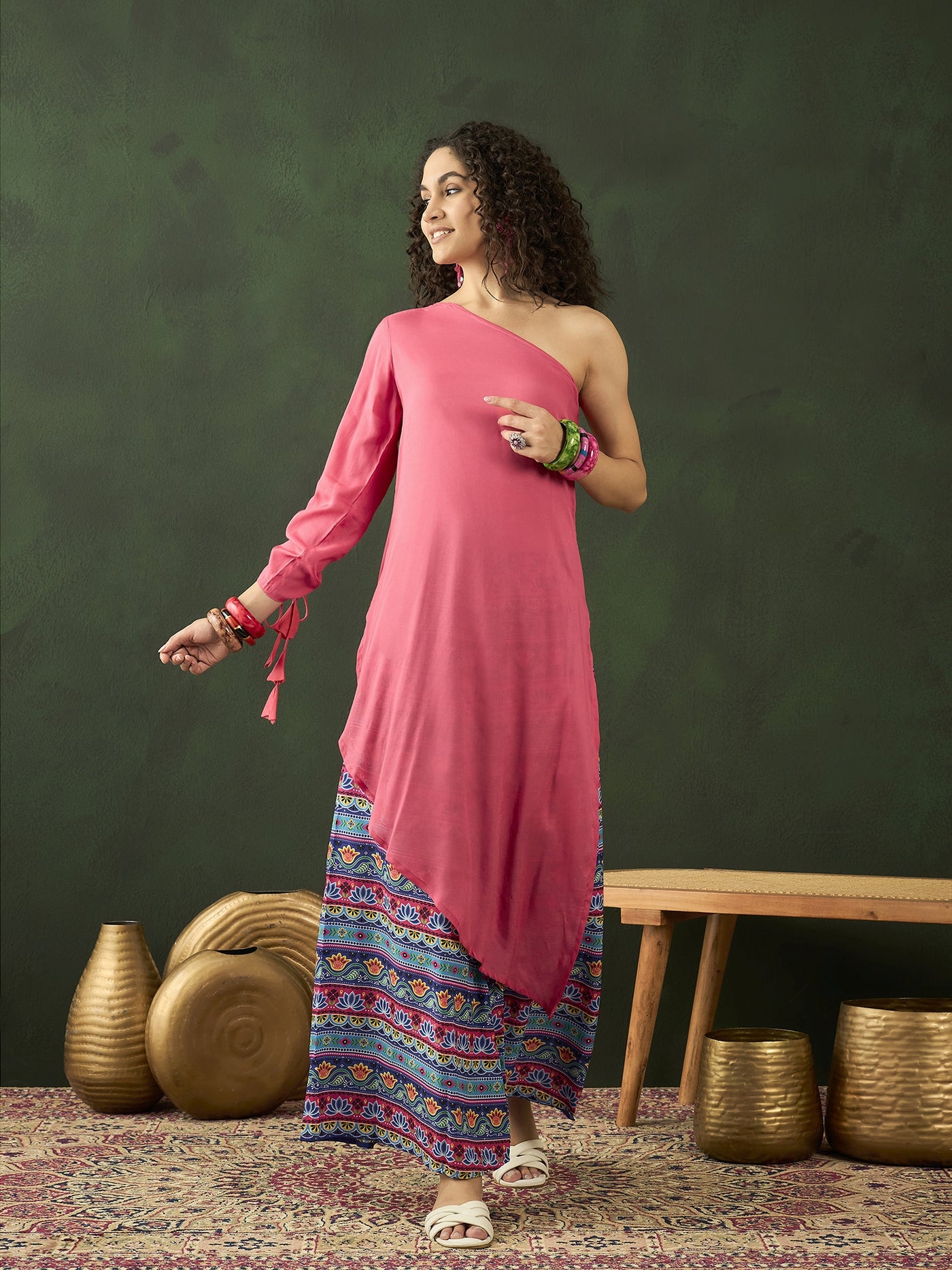 Pink Kurta With Printed Palazzo