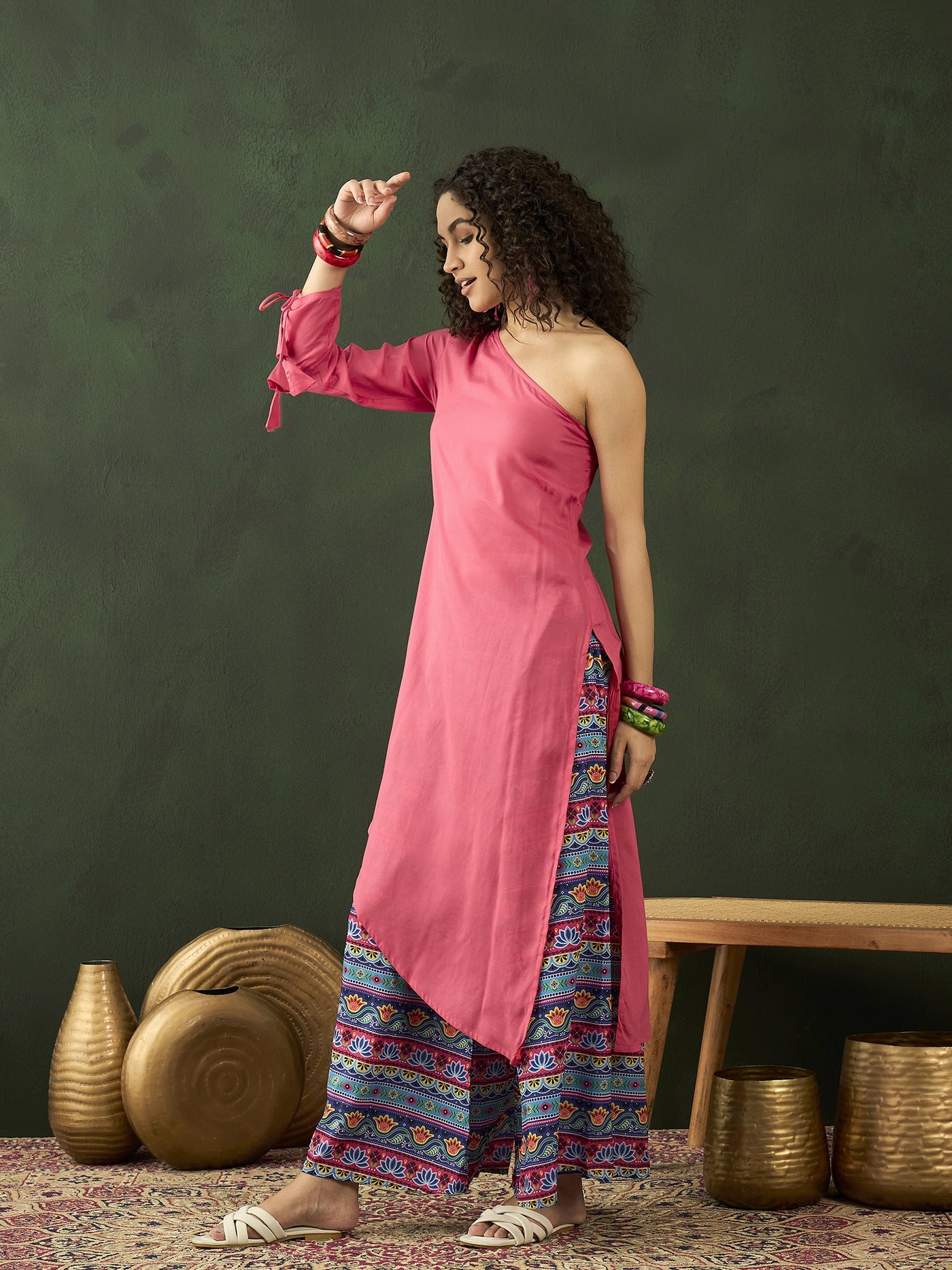 Pink Kurta With Printed Palazzo