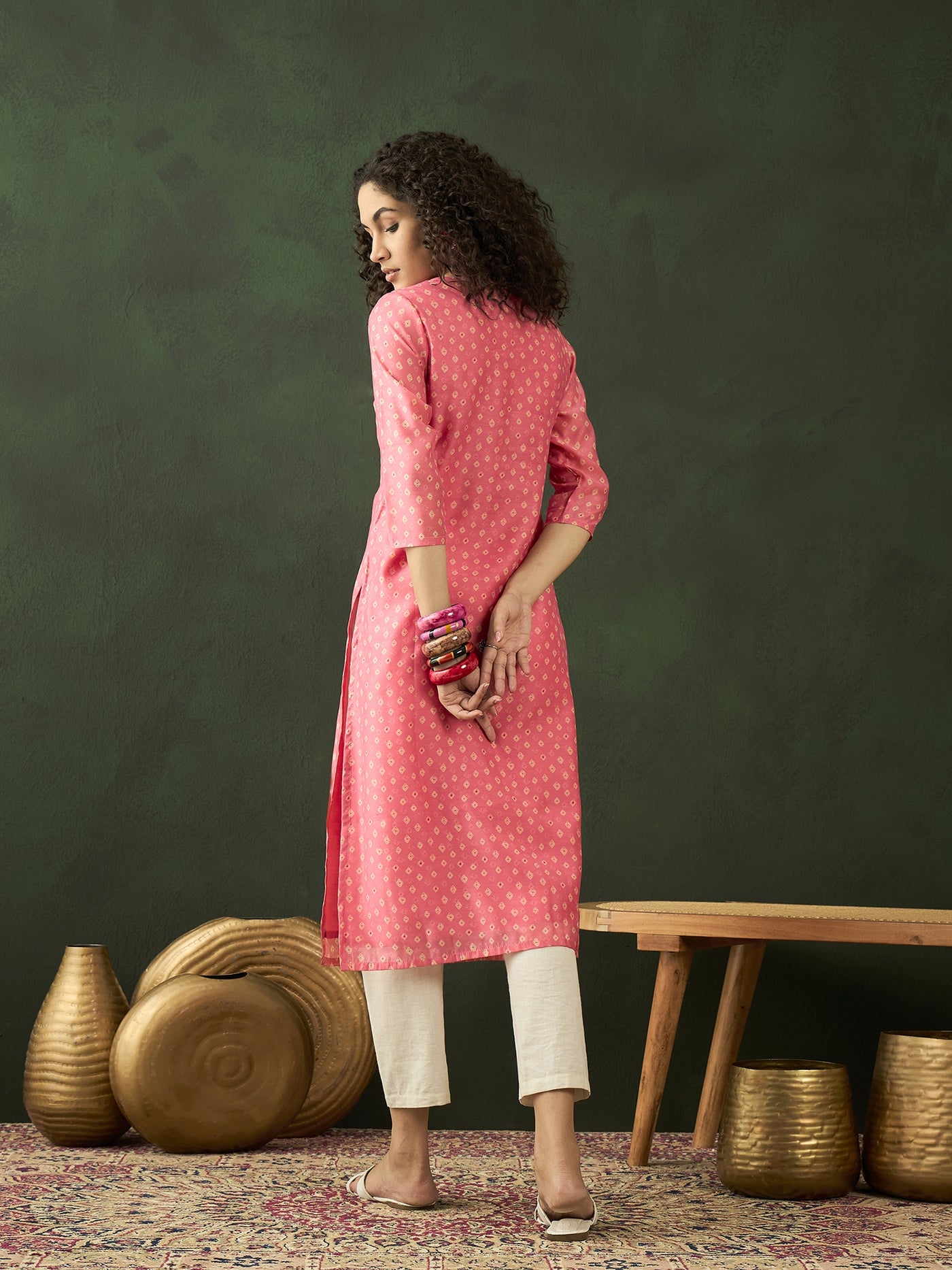 Pink Bandhani Print Straight Kurta