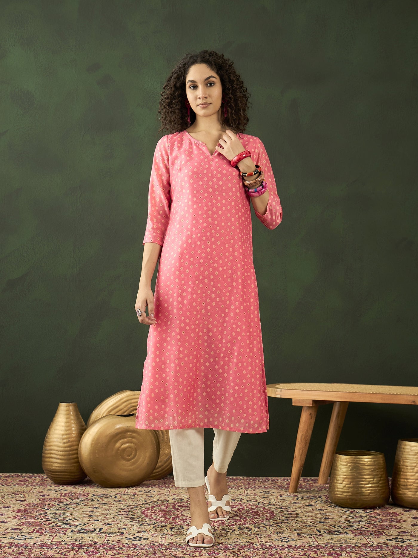 Pink Bandhani Print Straight Kurta