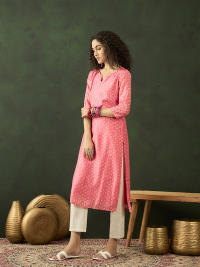 Pink Bandhani Print Straight Kurta