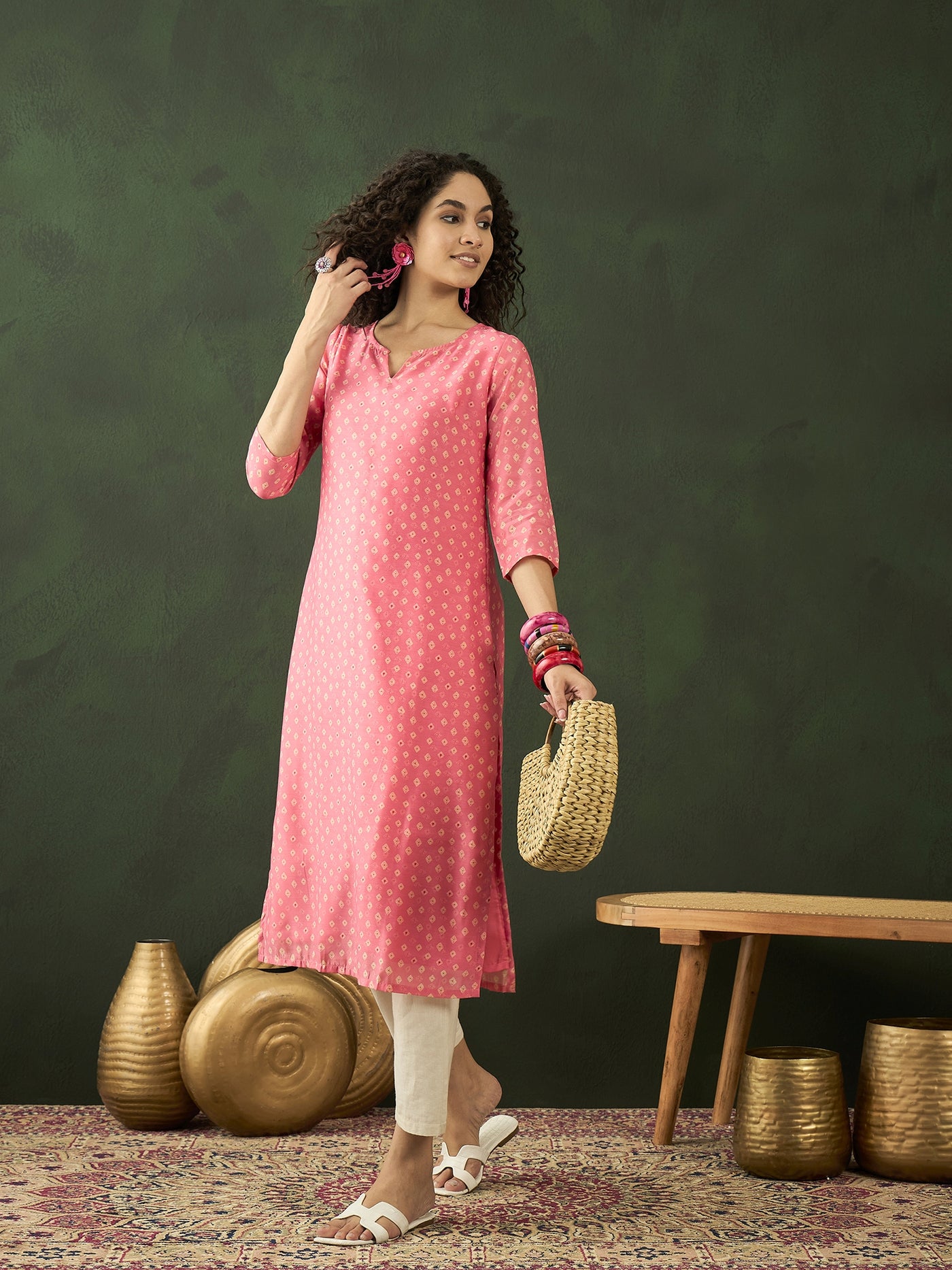 Pink Bandhani Print Straight Kurta