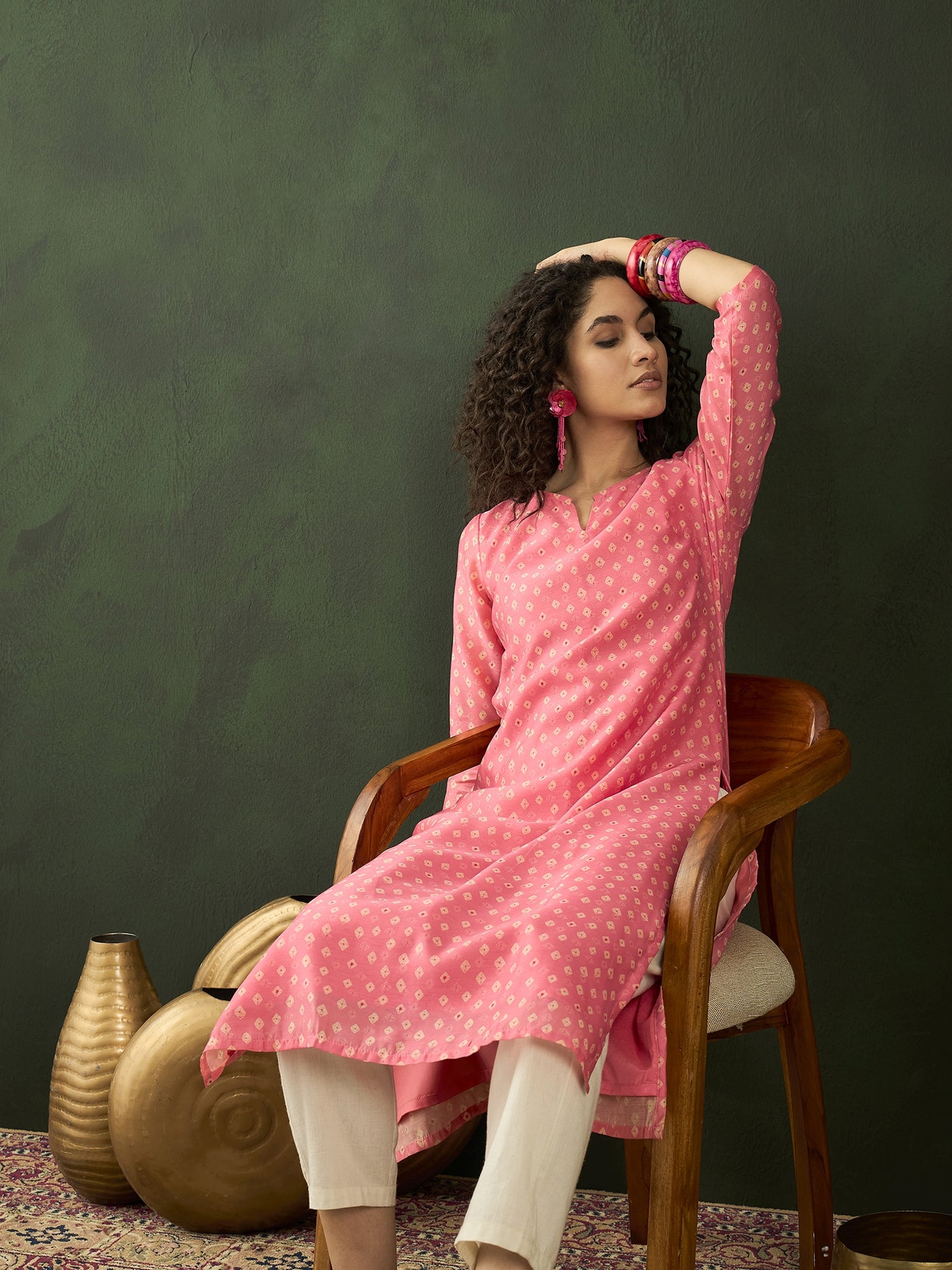 Pink Bandhani Print Straight Kurta