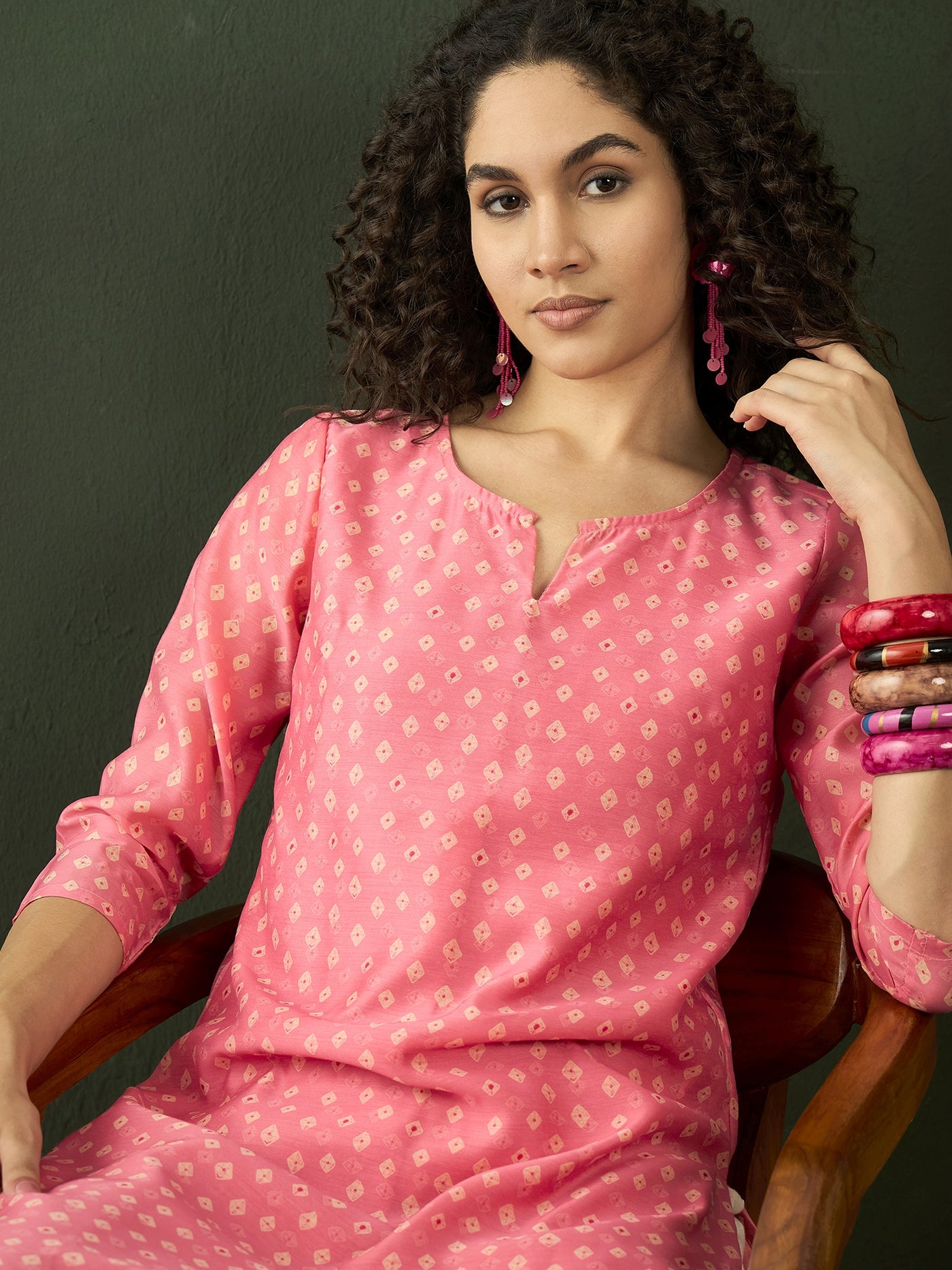 Pink Bandhani Print Straight Kurta