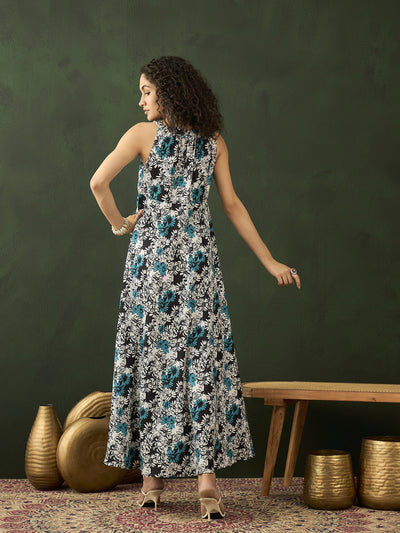 Blue & White Floral Print Maxi Dress