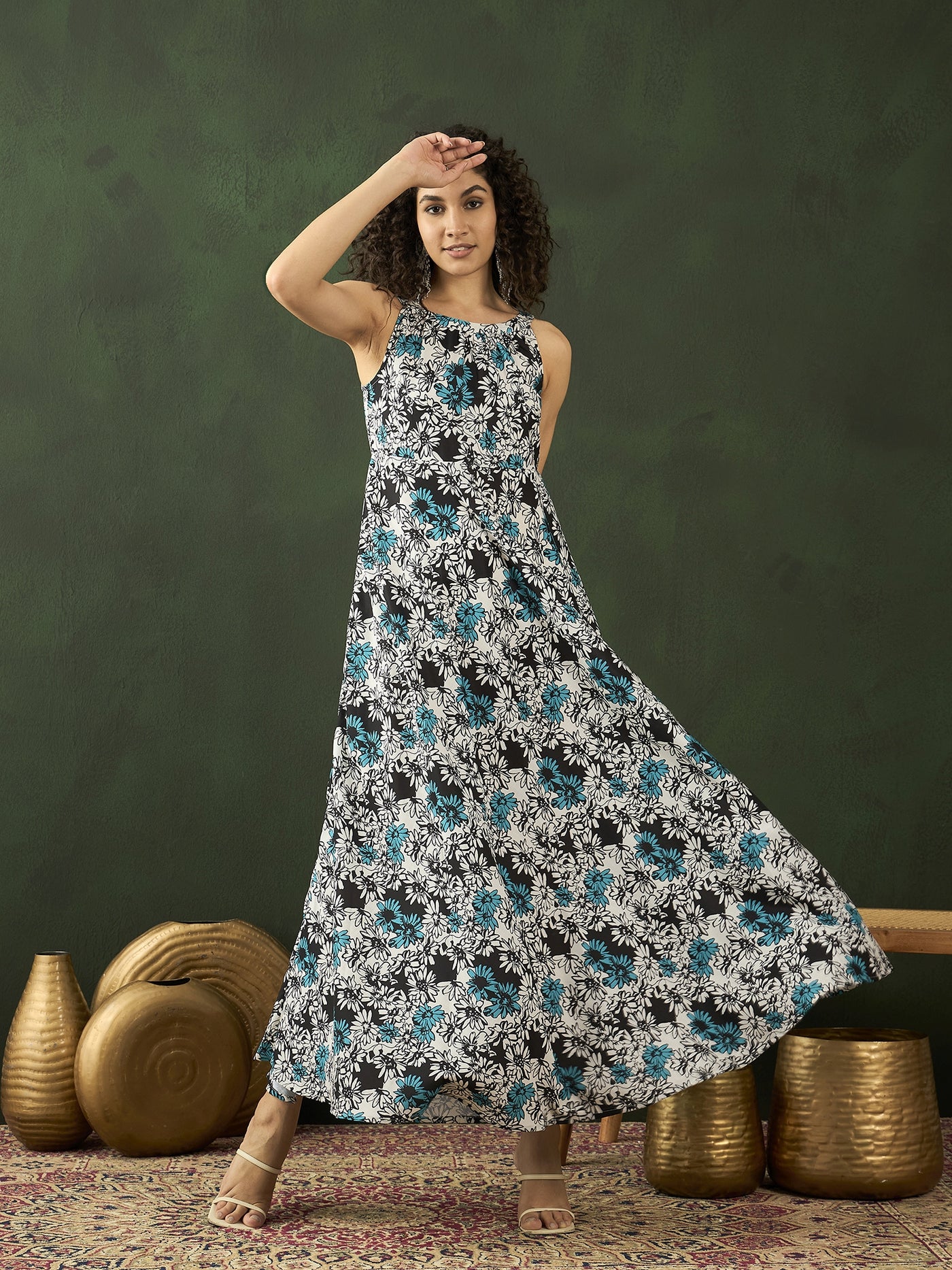 Blue & White Floral Print Maxi Dress