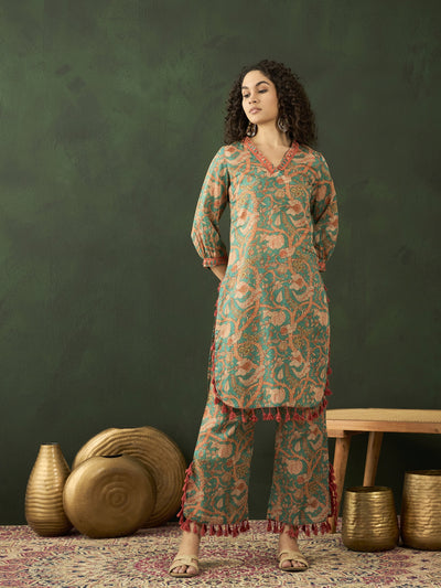 Green Floral Printed Pakistani Kurta With Palazzo