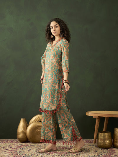 Green Floral Printed Pakistani Kurta With Palazzo