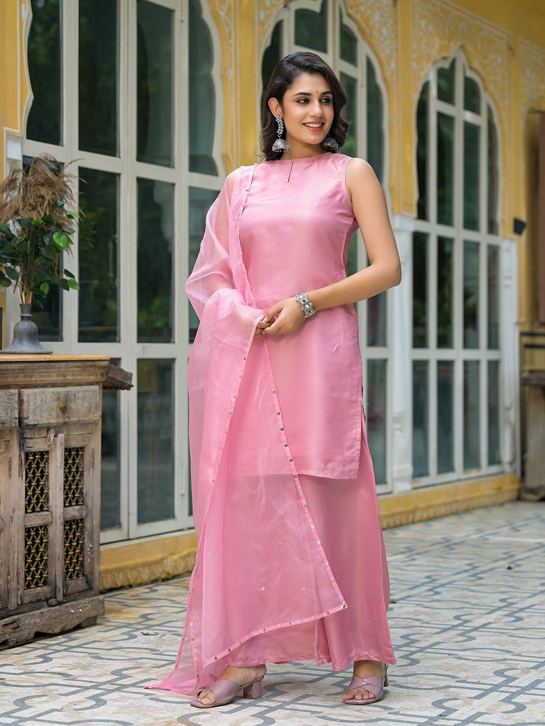 Blush Pink Sleevessless Kurta Sharara With Organza Sequinned Dupatta