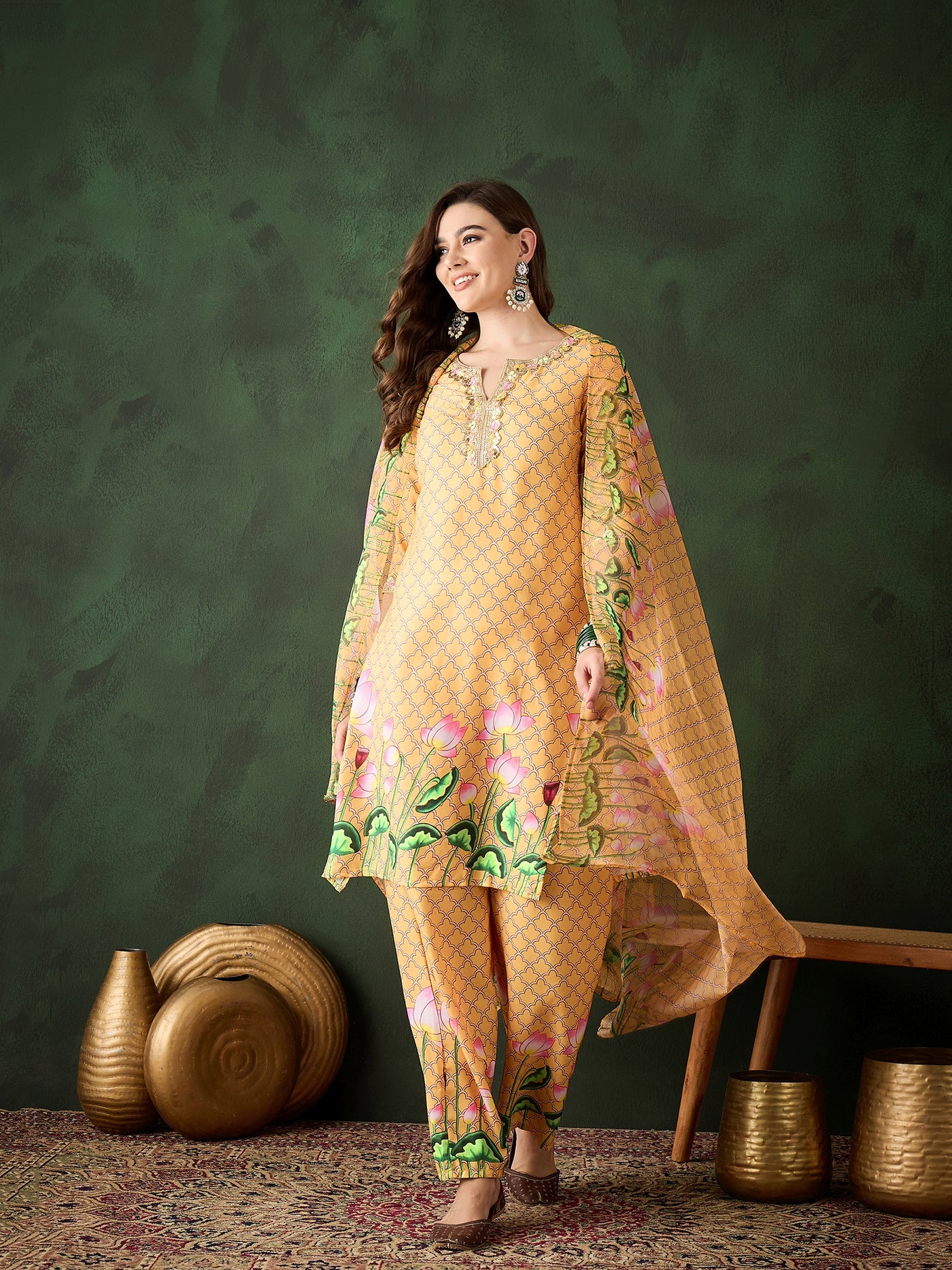 Yellow Pichwai Print Kurta Palazzo With Dupatta