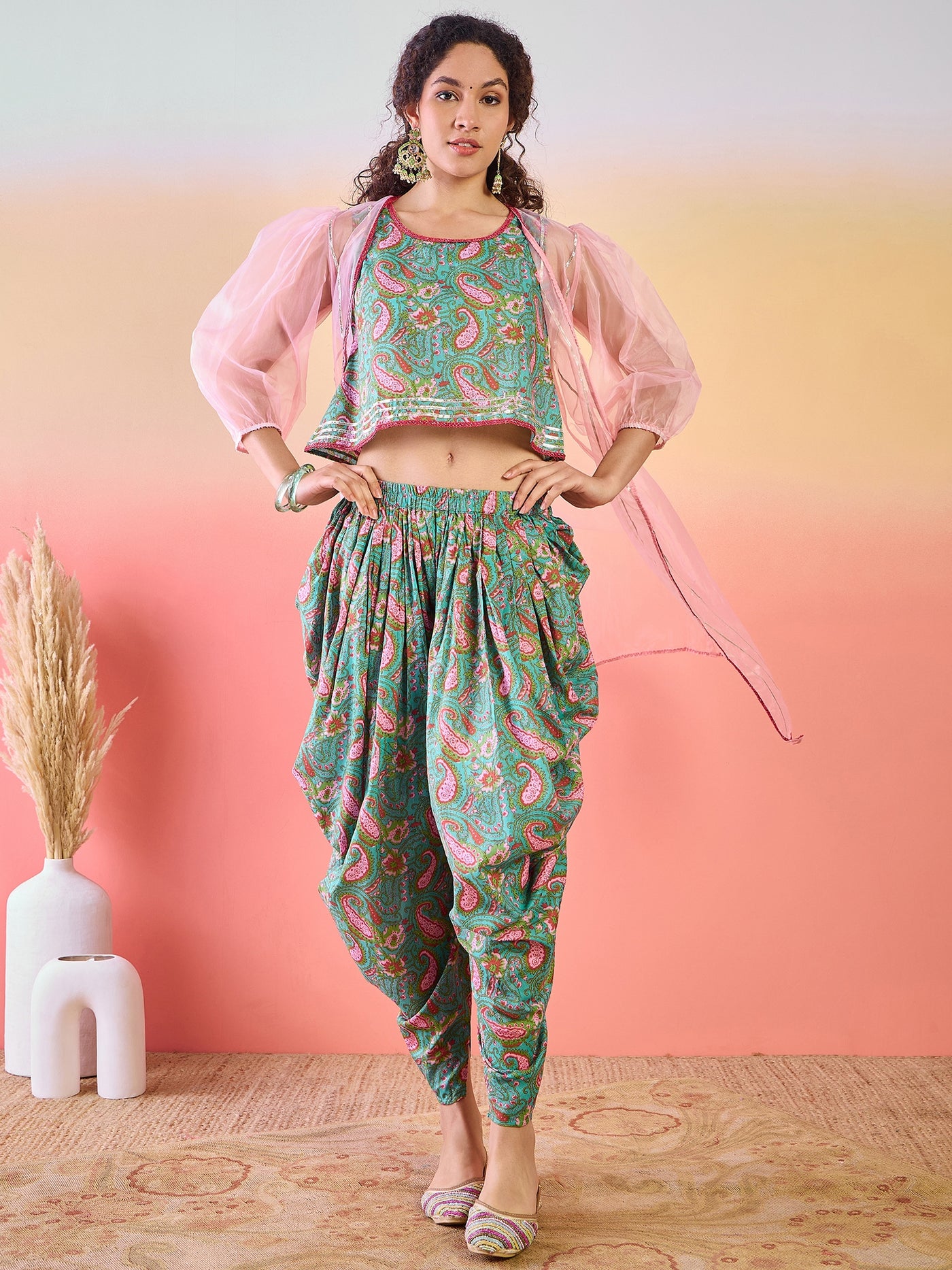 Light Blue Floral Print Dhoti Co-Ord Set With Jacket