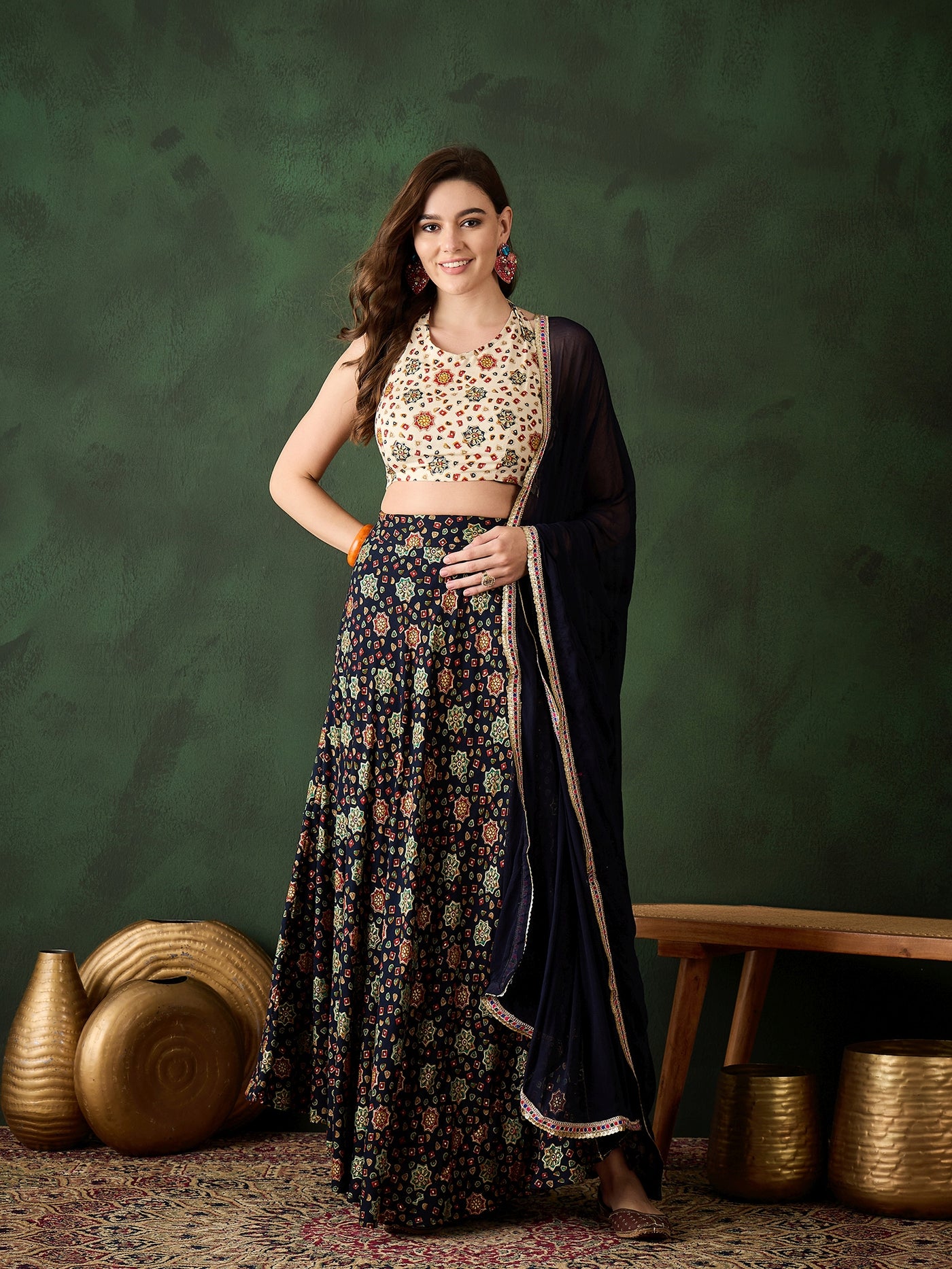 Navy Blue Gold Printed Lehenga Choli With Dupatta