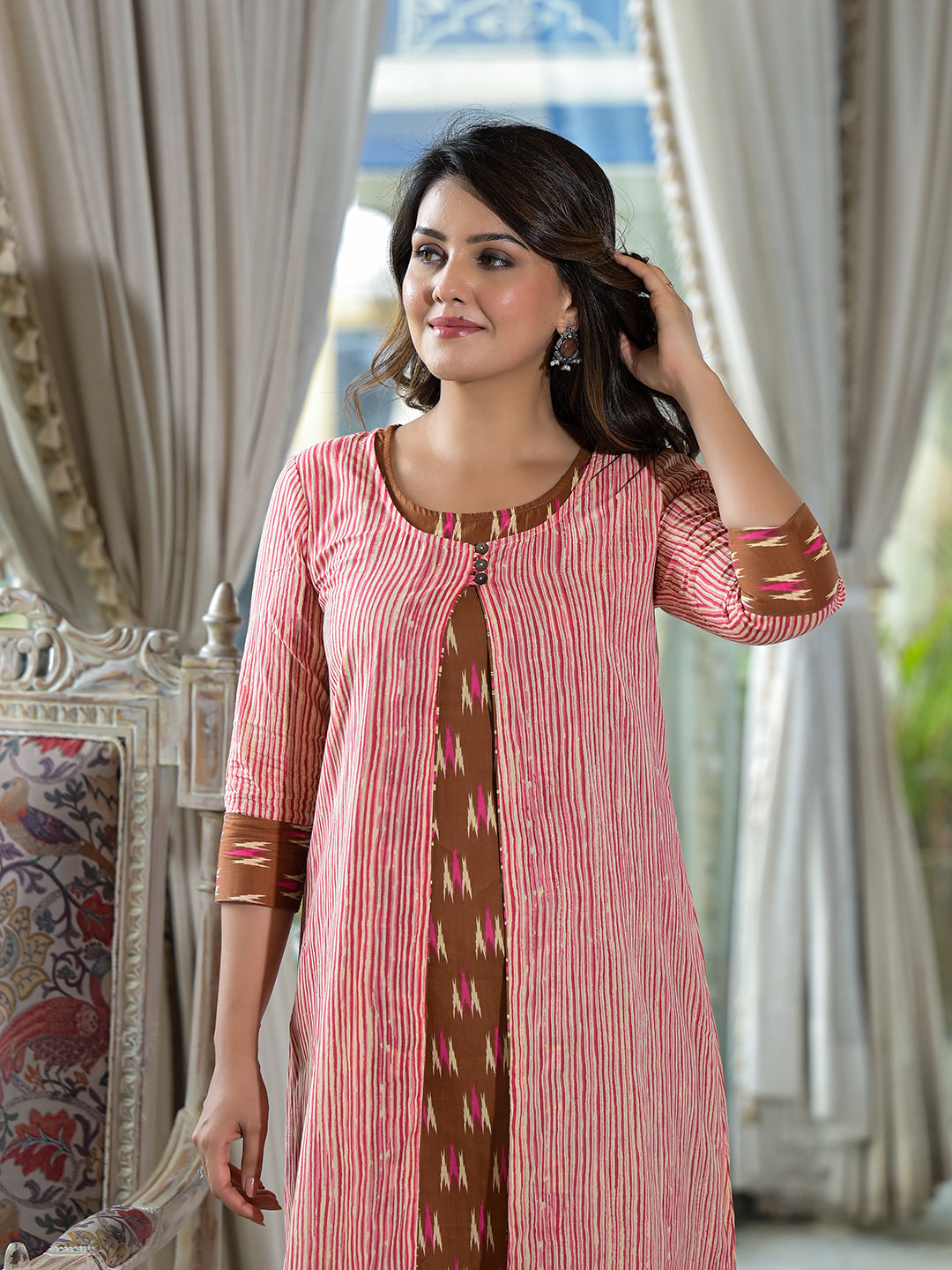 Brown Ikat Print Kurta With Striped Jacket