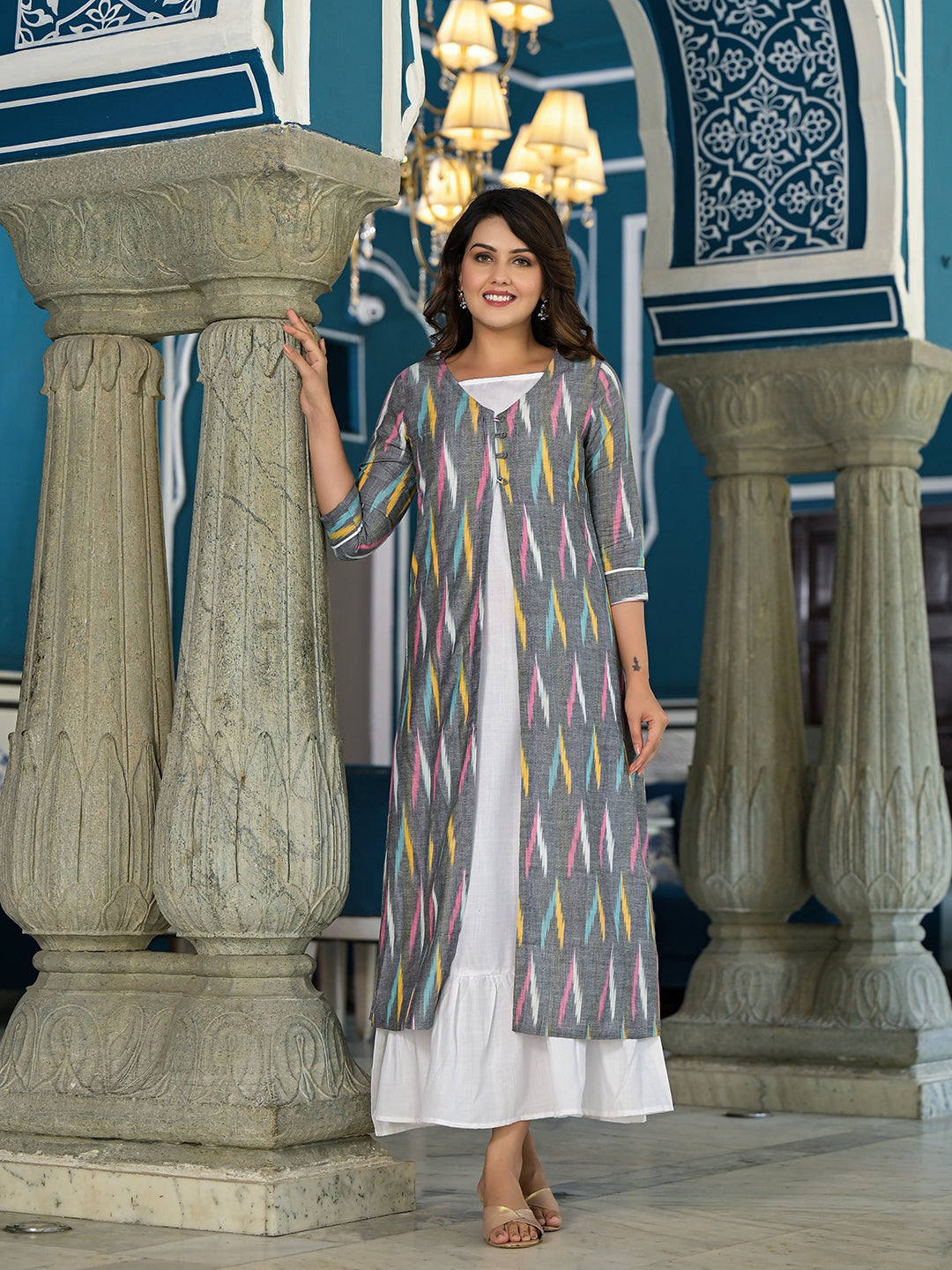 Grey Ikat Design Layered Maxi Dress